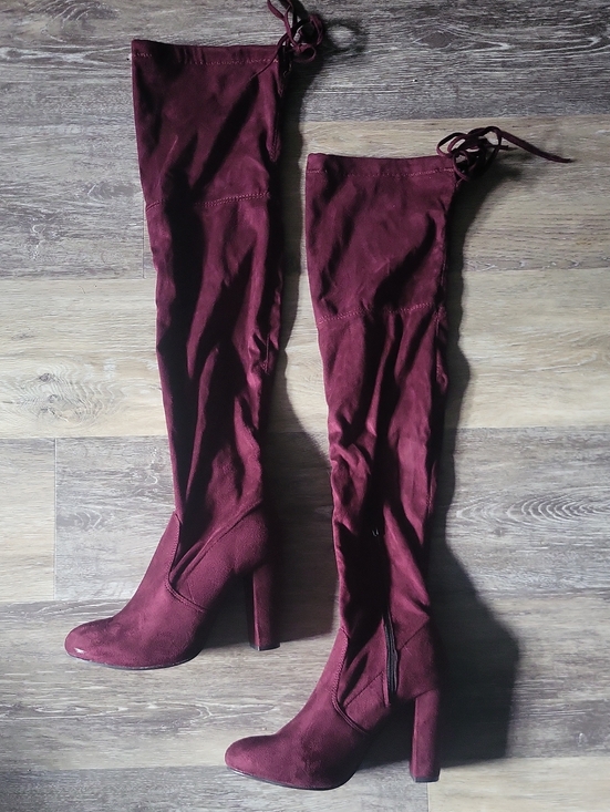 Shoes - Sexy Faux Suede Berry Purple Thigh High Heel Boots - Half Zip Tie Back Clozure